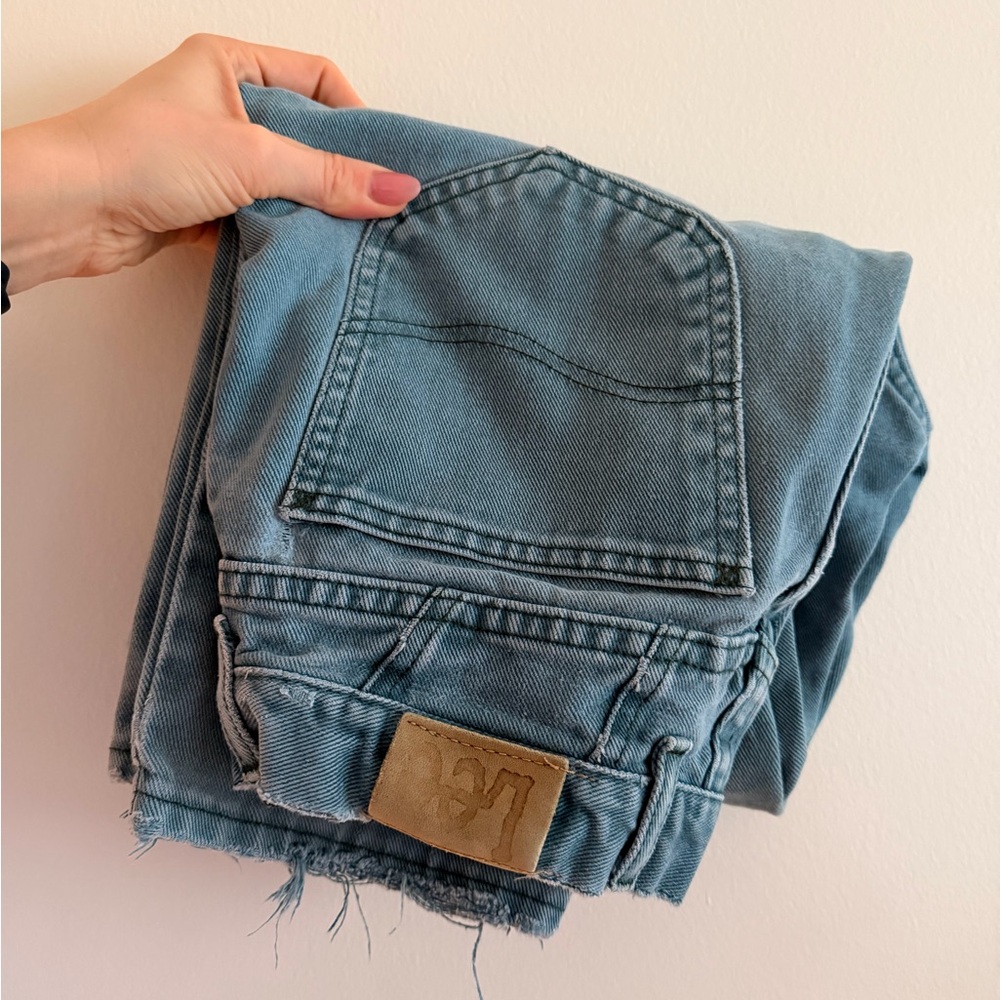 Vintage Lee Tailored Straight Jeans - a washed green/blue, softer denim